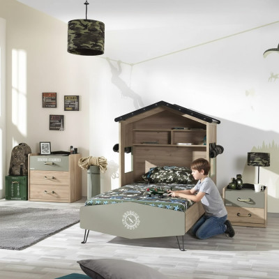 Set de cama infantil, muebles infantiles para habitación de niños, marco de cama verde de madera de 3 piezas.