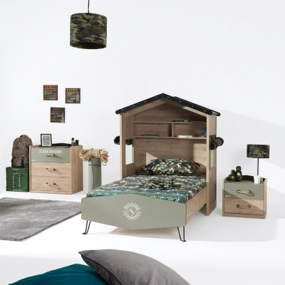 Set de cama infantil, muebles infantiles para habitación de niños, marco de cama verde de madera de 3 piezas.