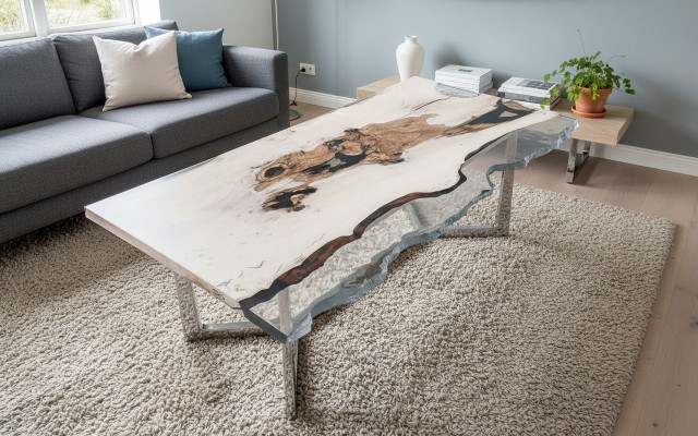 Mesa de comedor de resina epoxi, mesa de cocina, mesa de comedor, mesa de 220 cm de madera blanca.