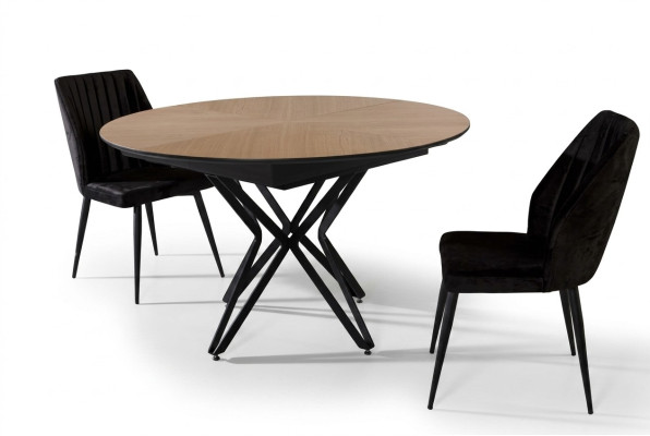 Mesa de comedor redonda extensible moderna de madera marrón.