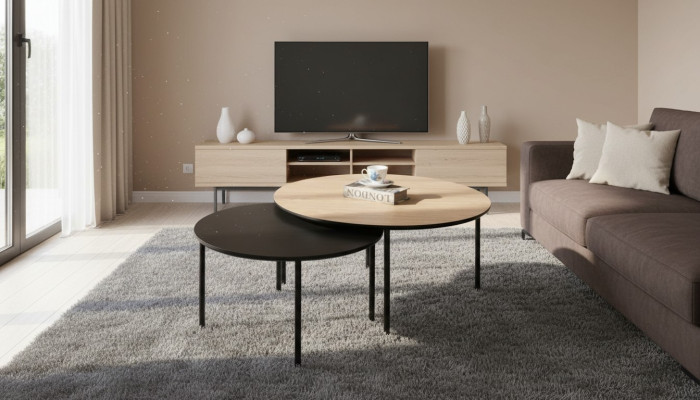 Mesa de café Mesa auxiliar Conjunto Mesa auxiliar Negro Set Marrón Madera 2 piezas