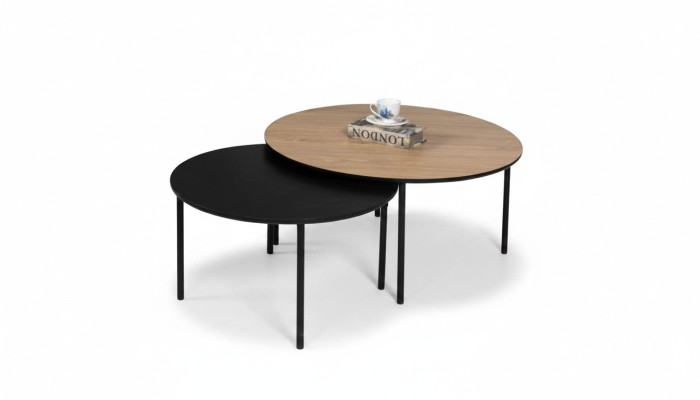 Mesa de café Mesa auxiliar Conjunto Mesa auxiliar Negro Set Marrón Madera 2 piezas