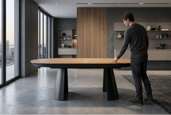 Mesa ovalada de comedor cocina con diseño extensible de madera marrón.