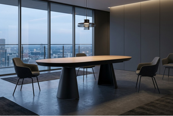 Mesa ovalada de comedor cocina con diseño extensible de madera marrón.