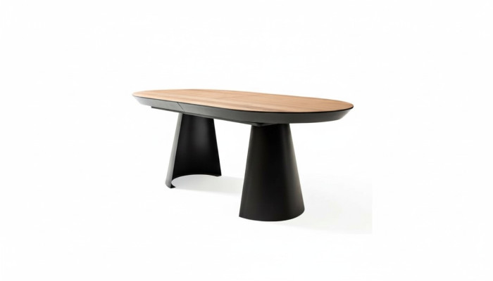 Mesa ovalada de comedor cocina con diseño extensible de madera marrón.
