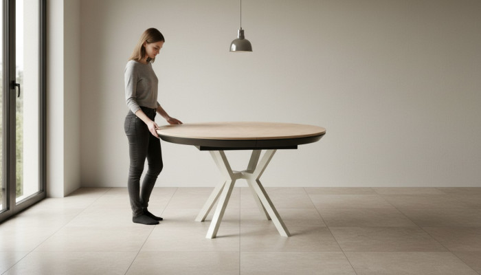Mesa de comedor moderna extensible redonda de madera beige.