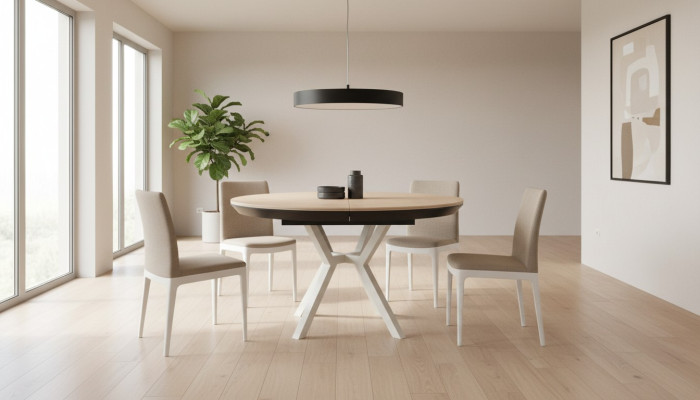 Mesa de comedor moderna extensible redonda de madera beige.