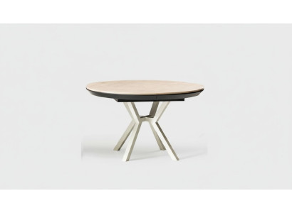 Mesa de comedor moderna extensible redonda de madera beige.