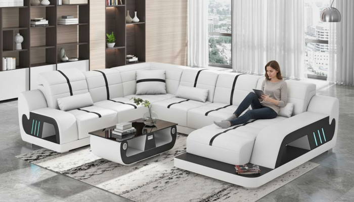 Sofá de esquina en forma de U de diseño de sofá de estilo de vida moderno en cuero artificial blanco.