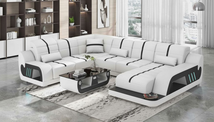 Sofá de esquina en forma de U de diseño de sofá de estilo de vida moderno en cuero artificial blanco.