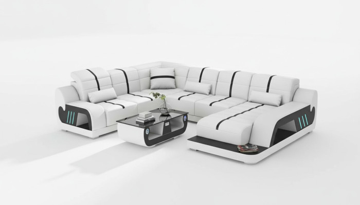Sofá de esquina en forma de U de diseño de sofá de estilo de vida moderno en cuero artificial blanco.