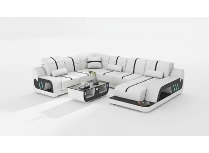 Sofá de esquina en forma de U de diseño de sofá de estilo de vida moderno en cuero artificial blanco.