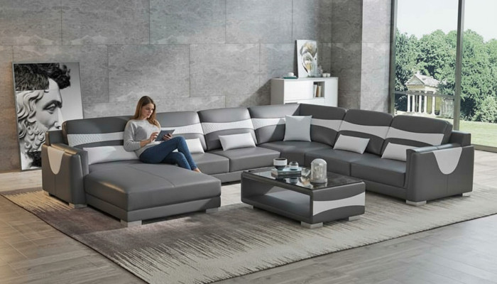 Sofá en forma de U para sala de estar, sofá grande de esquina, sofá de cuero gris nuevo de imitación de cuero.