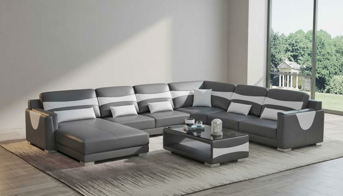 Sofá en forma de U para sala de estar, sofá grande de esquina, sofá de cuero gris nuevo de imitación de cuero.