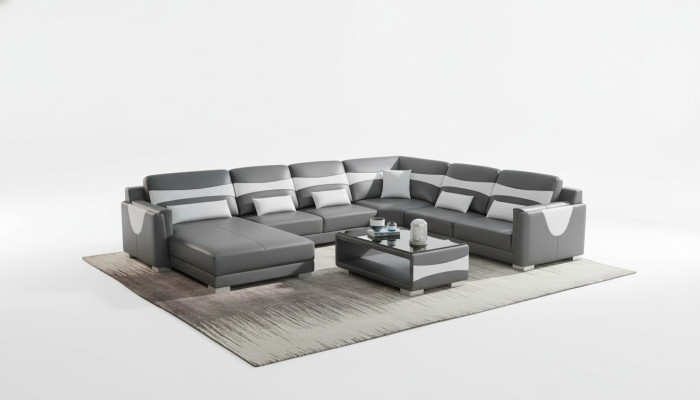 Sofá en forma de U para sala de estar, sofá grande de esquina, sofá de cuero gris nuevo de imitación de cuero.