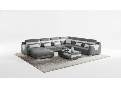 Sofá en forma de U para sala de estar, sofá grande de esquina, sofá de cuero gris nuevo de imitación de cuero.