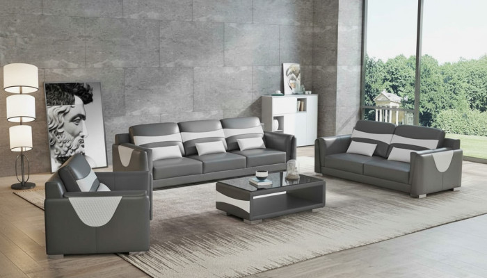 Sofá de lujo Conjunto completo de sofás gris de imitación de cuero Sofá 3-2-1