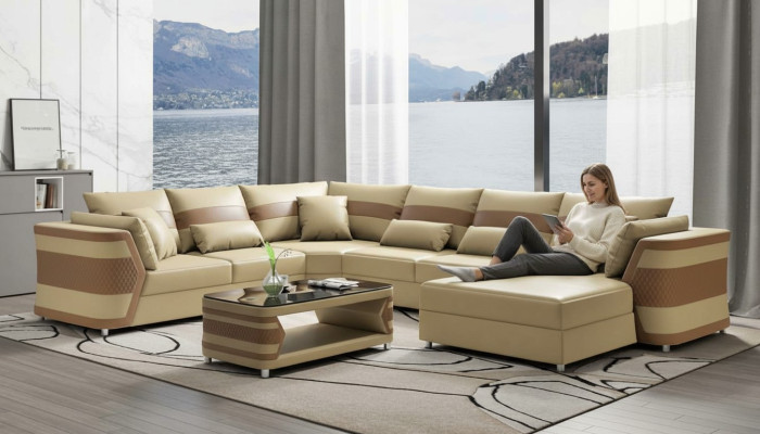 Sofá de esquina grande en forma de U, sofá de cuero beige de gran tamaño, conjunto de salón.