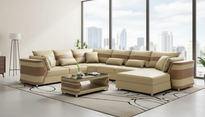 Sofá de esquina grande en forma de U, sofá de cuero beige de gran tamaño, conjunto de salón.