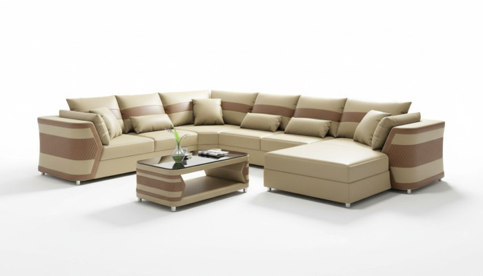 Sofá de esquina grande en forma de U, sofá de cuero beige de gran tamaño, conjunto de salón.