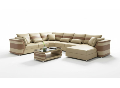 Sofá de esquina grande en forma de U, sofá de cuero beige de gran tamaño, conjunto de salón.