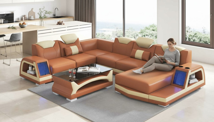 Sofá de esquina moderno, conjunto de salón en forma de U, gran sofá de cuero marrón.