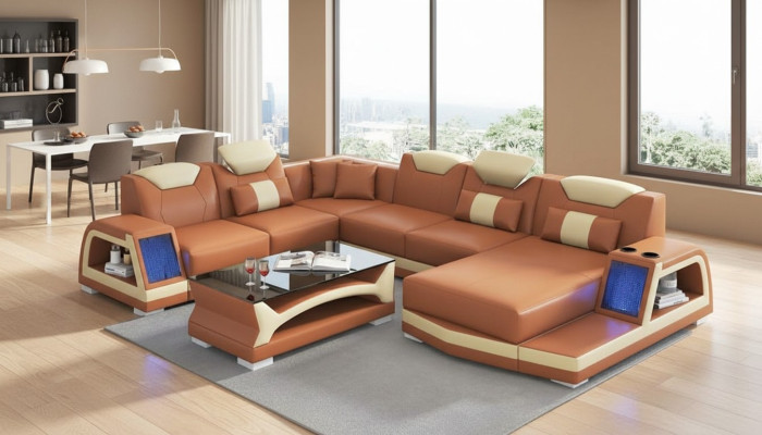 Sofá de esquina moderno, conjunto de salón en forma de U, gran sofá de cuero marrón.
