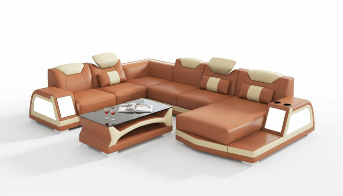 Sofá de esquina moderno, conjunto de salón en forma de U, gran sofá de cuero marrón.