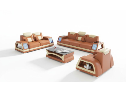 Conjunto completo de sofás de cuero Marrón, 3 piezas.