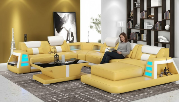 Sofá contemporáneo en forma de U amarillo para salón de cuero.
