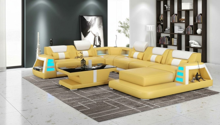 Sofá contemporáneo en forma de U amarillo para salón de cuero.