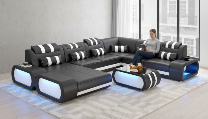 Sofá moderno XXL en forma de U grande sofá de esquina sofá de cuero negro cuero sintético