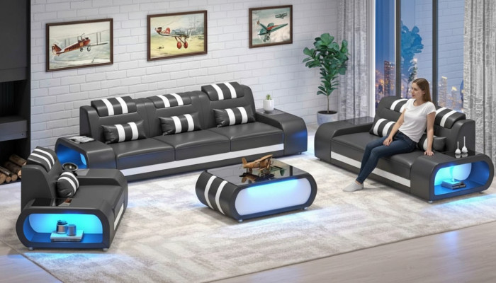 Sofá de dos plazas, sillones de cuero, sillón de tres plazas, 3 piezas, negro, conjunto