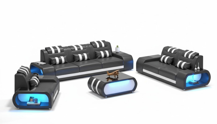 Sofá de dos plazas, sillones de cuero, sillón de tres plazas, 3 piezas, negro, conjunto