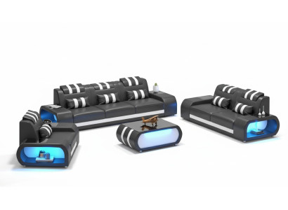 Sofá de dos plazas, sillones de cuero, sillón de tres plazas, 3 piezas, negro, conjunto