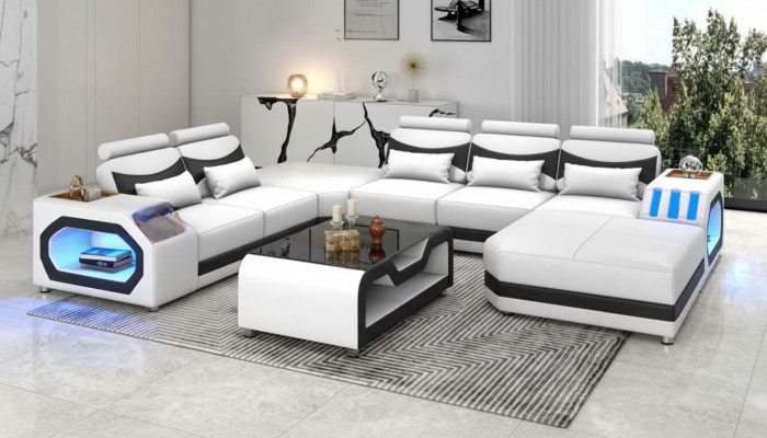 Sofá grande en forma de U para sala de estar Sofá de esquina Sofá de cuero blanco Sofás