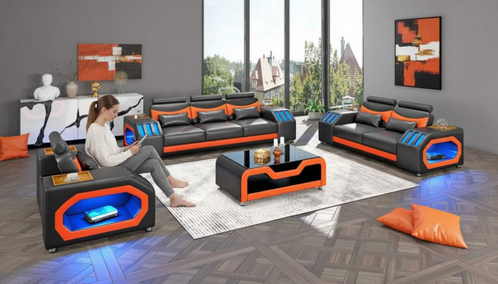 Conjunto de sofás de dos plazas de cuero negro de tres piezas con sillón y tres plazas.