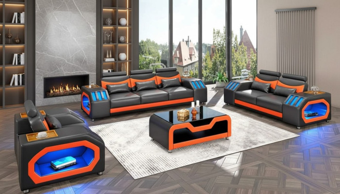Conjunto de sofás de dos plazas de cuero negro de tres piezas con sillón y tres plazas.
