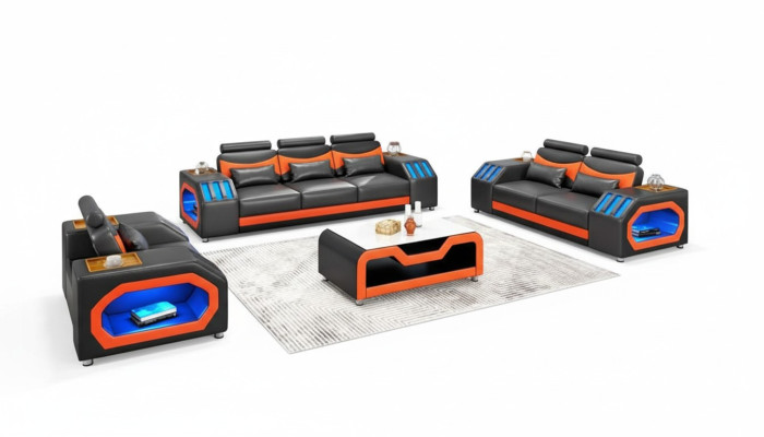 Conjunto de sofás de dos plazas de cuero negro de tres piezas con sillón y tres plazas.