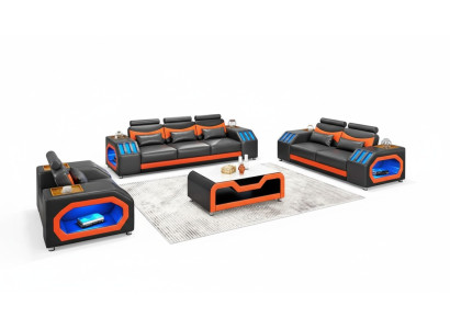 Conjunto de sofás de dos plazas de cuero negro de tres piezas con sillón y tres plazas.