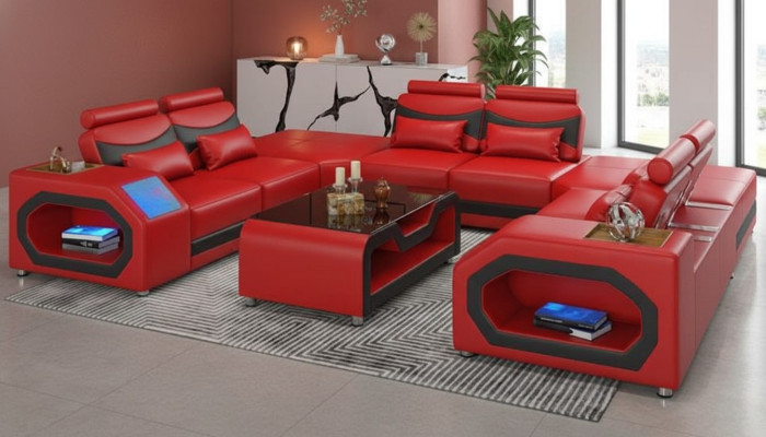 Diseño de sofá grande en forma de L XXL, sofá esquinero de cuero rojo con LED.