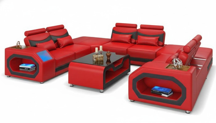 Diseño de sofá grande en forma de L XXL, sofá esquinero de cuero rojo con LED.