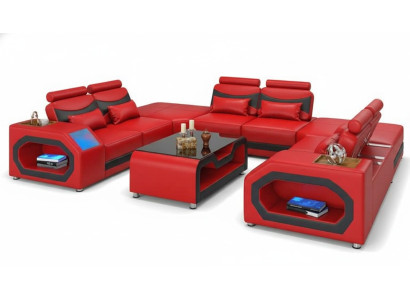 Diseño de sofá grande en forma de L XXL, sofá esquinero de cuero rojo con LED.