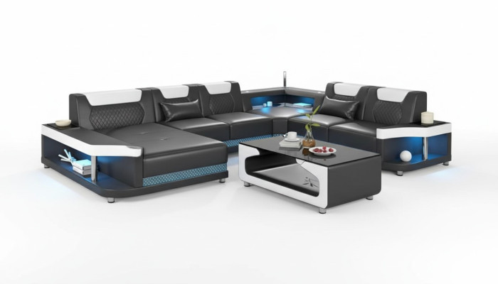 Gran sofá de salón con iluminación LED en forma de U XXL, sofá esquinero de cuero negro.