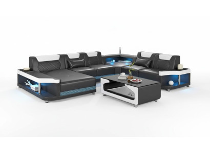 Gran sofá de salón con iluminación LED en forma de U XXL, sofá esquinero de cuero negro.