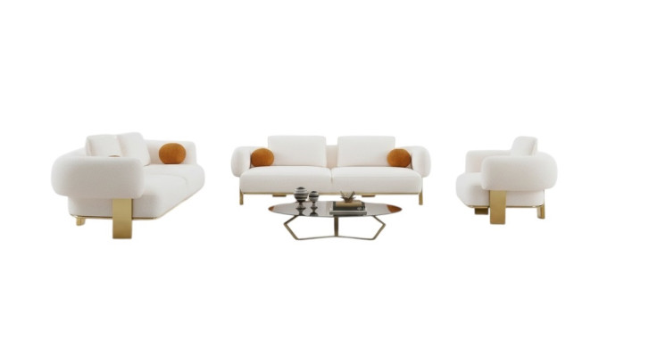Conjunto completo de sofás blancos de tela con asientos.