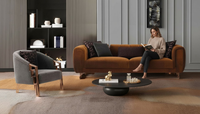Conjunto de sofás de tres plazas y sillón marrón de tela, juego completo de sofá.