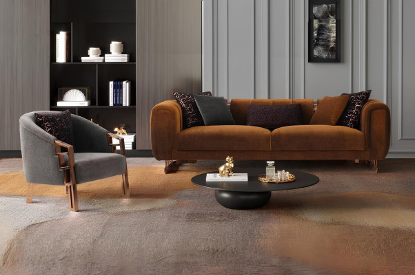 Conjunto de sofás de tres plazas y sillón marrón de tela, juego completo de sofá.