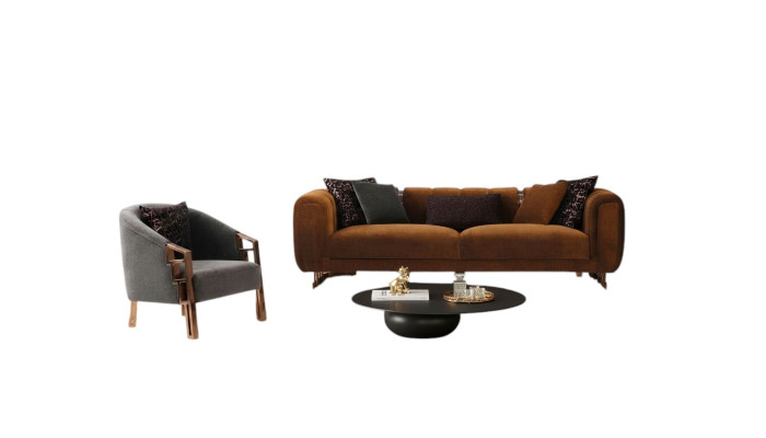 Conjunto de sofás de tres plazas y sillón marrón de tela, juego completo de sofá.