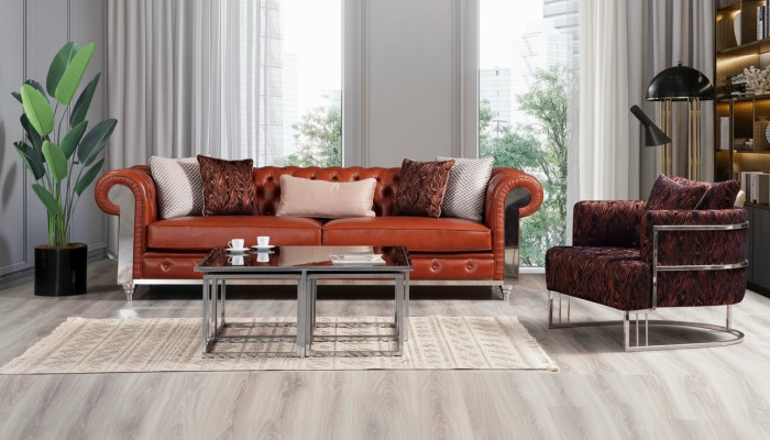  Chesterfield conjunto de muebles de cuero artificial de tres plazas marrón conjuntos de sofás sofás